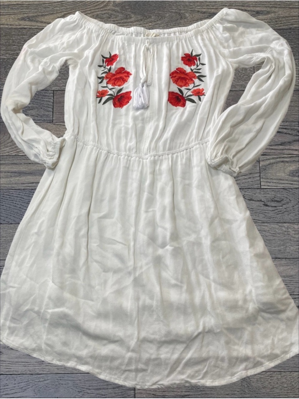 LA Hearts Size M White Boho Off Shoulder Mini Dress Floral Print Tassel Rayon - Picture 2 of 5